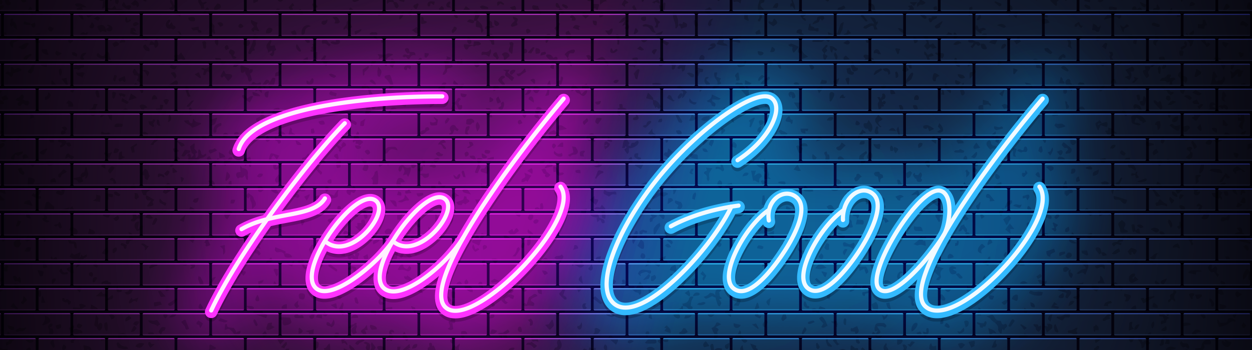 Feel Good neon sign on a black brick wall